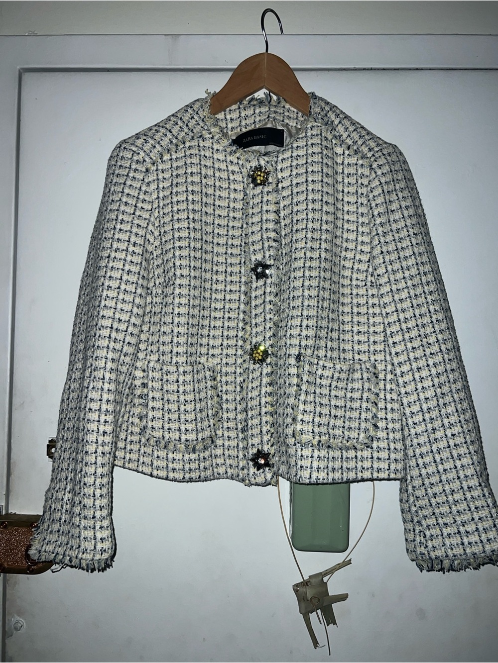 Zara Cream Tweed Button-Front Jacket size medium work babe